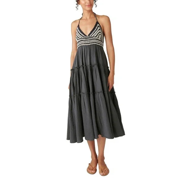 Lucky Brand Women's Cotton Crochet-Trim Maxi Dress Charcoal, US XL - Picture 1 of 1